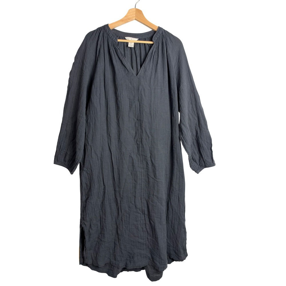Charcoal Grey Cotton Double Gauze Midi Dress Long Sleeve V-Neck Small lodge boho